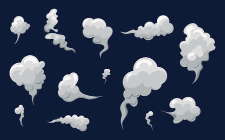 Smoke smell clouds in cartoon. White fog isolated clipart.Puff of wind, steam, smog, dust. Vector illustrationのイラスト素材