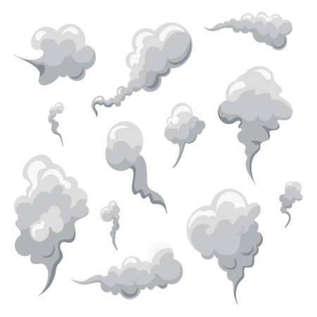 Smoke smell clouds in cartoon. White fog isolated clipart.Puff of wind, steam, smog, dust. Vector illustrationのイラスト素材