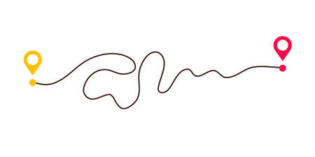 Complicated way and simple path from point A to B. Plans and real life chaos simplifying. Curved dashed line. Vector illustrationのイラスト素材