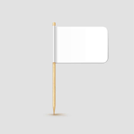 Toothpick flag isolated on wood stick with white paper. Realistic little tooth pick for lunch. Vector cocktail decorationのイラスト素材