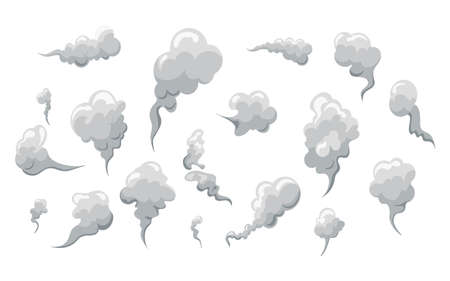 Smoke smell clouds in cartoon. White fog isolated clipart.Puff of wind, steam, smog, dust. Vector illustrationのイラスト素材