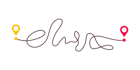 Complicated way and simple path from point A to B. Plans and real life chaos simplifying. Curved dashed line. Vector illustrationのイラスト素材