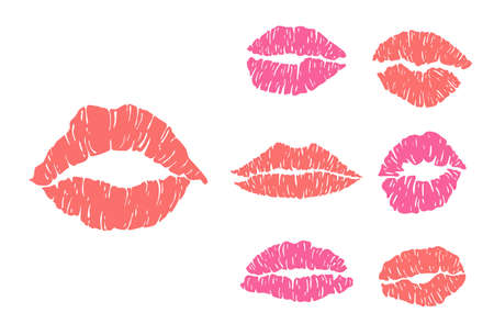 Red mark kisses lipstik pink mouth set. Hand drawn shape beauty sexy silhouette isolated on white background. Vector iconのイラスト素材