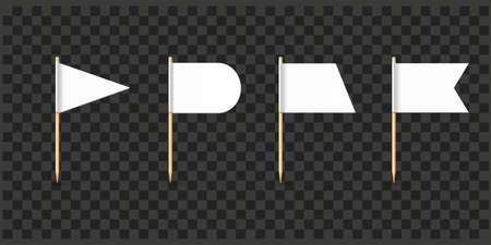 Toothpick flags isolated on wood stick with white paper. Realistic little tooth pick for lunch. Vector cocktail decorationのイラスト素材