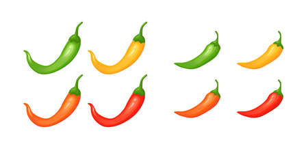 Chilli pepper spicy food level. Hot scale indicator with mild, medium, hot, extra positions. Icons with fire flames. Vector illustrationのイラスト素材