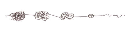 Simple line and complex easy way. Scribble doodle chaos mindset. Problem solving, difficult line. Vector hand drawn concept pathのイラスト素材