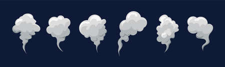 Smoke smell clouds in cartoon. White fog isolated clipart.Puff of wind, steam, smog, dust. Vector illustrationのイラスト素材