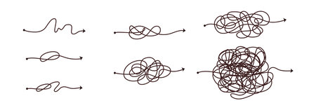 Simple line and complex easy way. Scribble doodle chaos mindset. Problem solving, difficult line. Vector hand drawn concept pathのイラスト素材