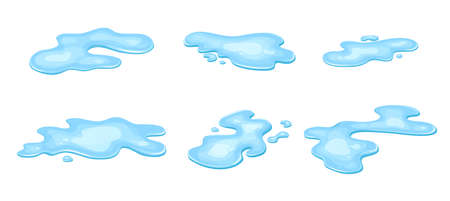 Set of water puddle, liquid cartoon style. Drop isolated on white background. Blue split, splash on floor. Vector illustrationのイラスト素材