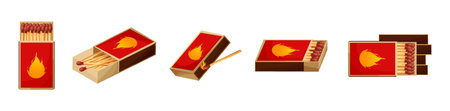 Match box with burnt sticks. Set of matchsticks. Cartoon spark bonfire vector illustrationのイラスト素材
