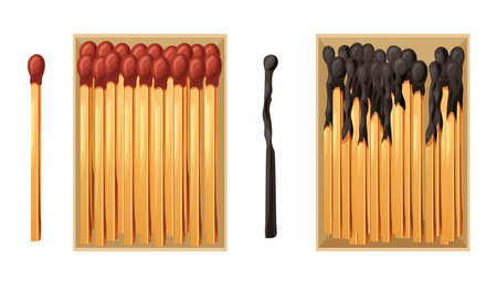 Burnt match stick with fire and matchbox. Set of boxes, opened and close isplated on white background. Vector illustrationのイラスト素材