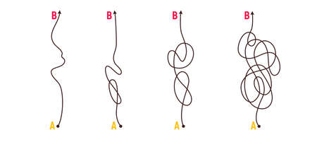 Difficult way, chaos path from point A to B. Complex chaos simplifying concept. Easy simple way. Vector illustrationのイラスト素材