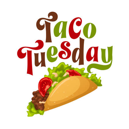 Taco tuesday with meat and vegetables. Mexican hand drawn lettering quote. Food with tortilla, tomato. Typography vector illustrationのイラスト素材