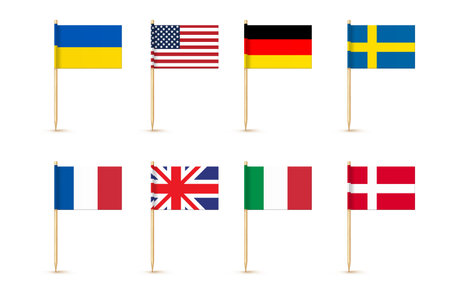 National toothpick flag isolated on wood stick with white paper. Realistic little tooth pick for lunch. Vector cocktail decorationのイラスト素材