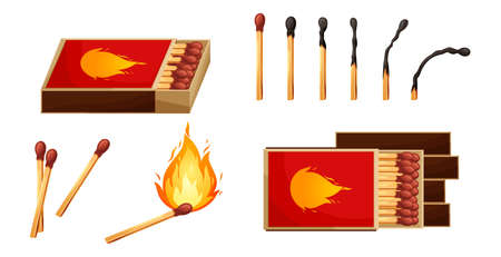Burnt match stick with fire and matchbox. Set of boxes, opened and close isplated on white background. Vector illustrationのイラスト素材