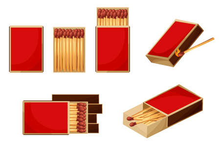 Match box with burnt sticks. Set of matchsticks with sulfur head flaming stages from ignition to extinction. Cartoon spark bonfire vector illustrationのイラスト素材