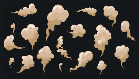 Cartoon smoke and dust clouds set. Dusty particles isolated. Dry sand flying. Vector illustrationのイラスト素材