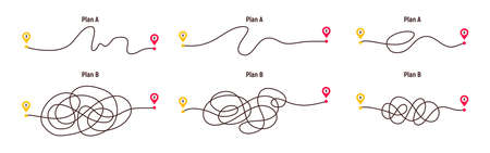 Difficult way, chaos path from point A to B. Complex chaos simplifying concept. Easy simple way. Vector illustrationのイラスト素材