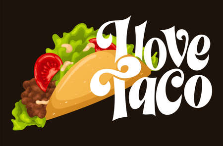 Lets taco typography mexican food with hand drawn lettering. Cartoon fast street food isolated . Vector illustrationのイラスト素材