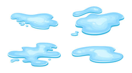 Set of water puddle, liquid cartoon style. Drop isolated on white background. Blue split, splash on floor. Vector illustrationのイラスト素材