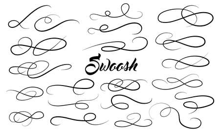 Calligraphic swoosh tail set, underline marker strockes. Sport  typography elements. Texting letters tail for lettering. Vector illustrationのイラスト素材