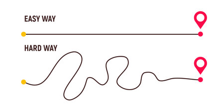 Complicated way and simple path from point A to B. Plans and real life chaos simplifying. Curved dashed line. Vector illustrationのイラスト素材
