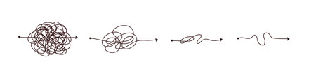 Simple line and complex easy way. Scribble doodle chaos mindset. Problem solving, difficult line. Vector hand drawn concept pathのイラスト素材