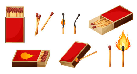 Burnt match stick with fire and matchbox. Set of boxes, opened and close isplated on white background. Vector illustrationのイラスト素材