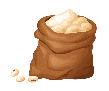 Soy flour in wooden bowl with seeds. Healthy gluten free food. Powde in organic product. Vector illustration isolated on white backgroundのイラスト素材