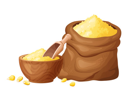 Corn flour in wooden bowl with seeds. Healthy gluten free food. Powde in organic product. Vector illustration isolated on white backgroundのイラスト素材