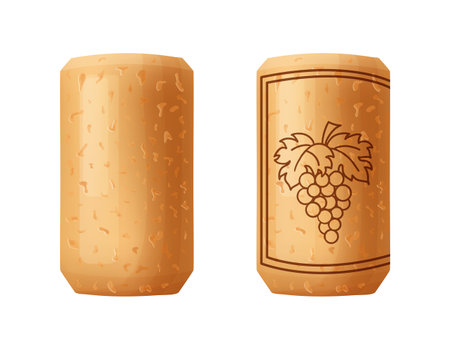 Cork stopper wooden taps. Wine bung in cartoon. Corkwood plug with grape bunch. Vector illustration on white backgroundのイラスト素材