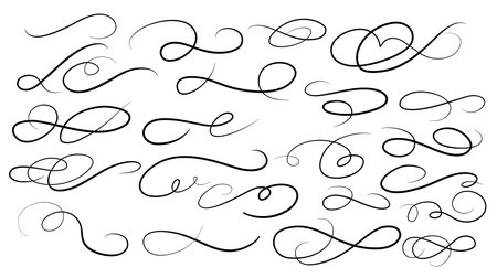 Calligraphic swoosh tail set, underline marker strockes. Sport logo typography elements. Texting letters tail for lettering. Vector illustrationのイラスト素材