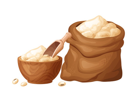 Soy flour in wooden bowl with seeds. Healthy gluten free food. Powde in organic product. Vector illustration isolated on white backgroundのイラスト素材