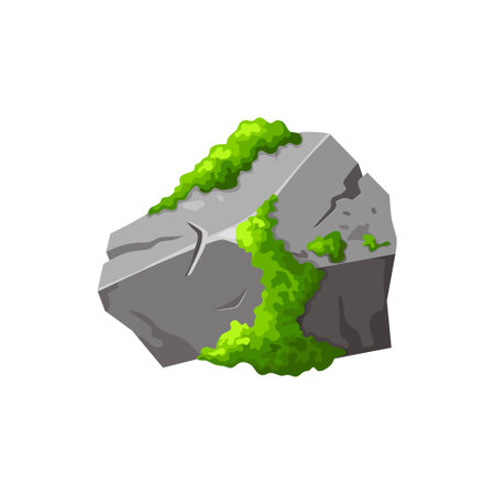 Gray stone with green moss . Element of forest, nature montain rock. Boulder game sign for design. Vector illustration isolated on white backgroundのイラスト素材
