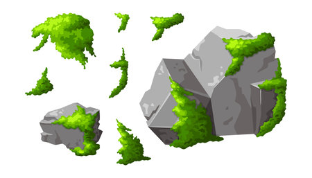 Set forest rock with moss. Gray stone brocken in cartoon. Isolated game elements . Mountain part of natural design shape. Vector illustration on white backgroundのイラスト素材