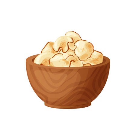 Apple fruit chips dry crips slice in wood bowl. Organic food baked delicious. Vector illustrationのイラスト素材