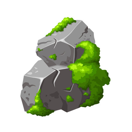 Forest rock with moss. Gray stone brocken in cartoon. Mountain part of natural design shape. Vector illustrationのイラスト素材