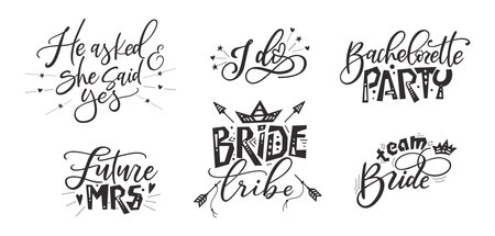 Bride tribe hand drawn lettering quote. Wedding inspiration calligraphy crd isolated on white background. Typography romantic bohemian poster. Vector invitation illustrationのイラスト素材