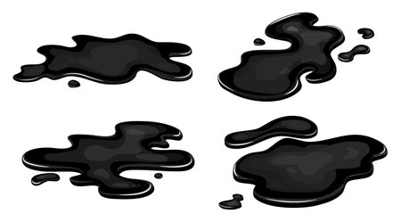 Set of Spill of black oil puddle industry. Stain ink drop of petrol liquid shape. Vector cartton illustrationのイラスト素材