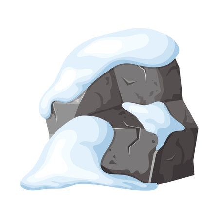 Stone and rock in snow. Snowy mountains in cartoon, heap of boulders in winter. Boulders and building material. Ice age in vector illustrationのイラスト素材