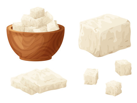 Feta soft cheese. Cartoon greek brined curd white peace made from sheeps milk. Delicious food of soy milk. Vegetarian product vector illustrationのイラスト素材