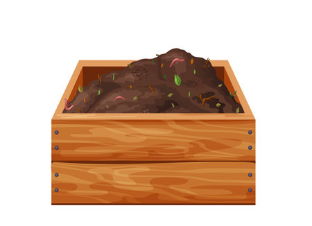 Organic soil heap for compost in wooden box, garden recycling natural garbage. Earth worms and biodegradable trash. Vector illustrationのイラスト素材