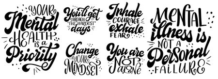 Set of Mental health quote in hand drawn lettering style. Positive typography poster with inspirational text. Vector illustration for prints, banners, stickerのイラスト素材