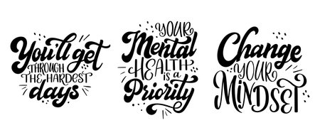 Set of Mental health quote in hand drawn lettering style. Positive typography poster with inspirational text. Vector illustration for prints, banners, stickerのイラスト素材