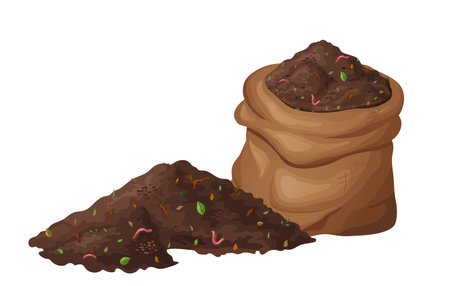 Organic soil heap for compost, garden recycling natural garbage. Earth worms and biodegradable trash. Vector illustrationのイラスト素材