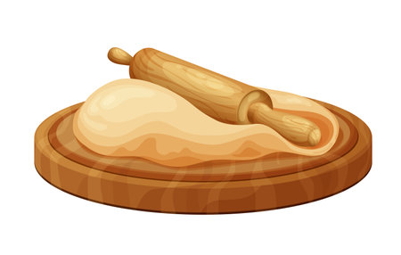 Wooden rolling pin with fresh raw dough for bakind. Cartoon homemade tasty bread. Flour in bowl or bag, organic product. Vector illustration isolated on white backgroundのイラスト素材