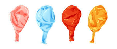 Cartoon inflatable balloon of various shapes and colors. Empty rubber blowing process. Latext uninflated element. Vector illustration on white backgroundのイラスト素材