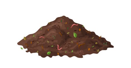 Organic soil heap for compost, garden recycling natural garbage. Earth worms and biodegradable trash. Vector illustrationのイラスト素材