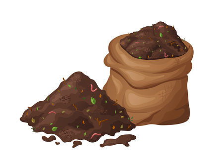 Organic soil heap for compost, garden recycling natural garbage. Earth worms and biodegradable trash. Vector illustrationのイラスト素材