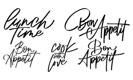 Set of script food text quote. Bon appetit lettering in hand drawn style. Typography word for menu, cafe, poster. Vector illustrationのイラスト素材